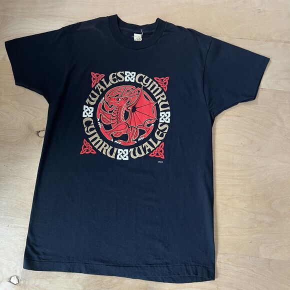 Vintage Cymru Whales Shirt XL Black 80s Screen Stars England Dragons Art - Picture 7 of 7